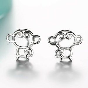 18K White Gold Filled Monkey Carved Swirl Stud Earrings Stamp Sterling Silver